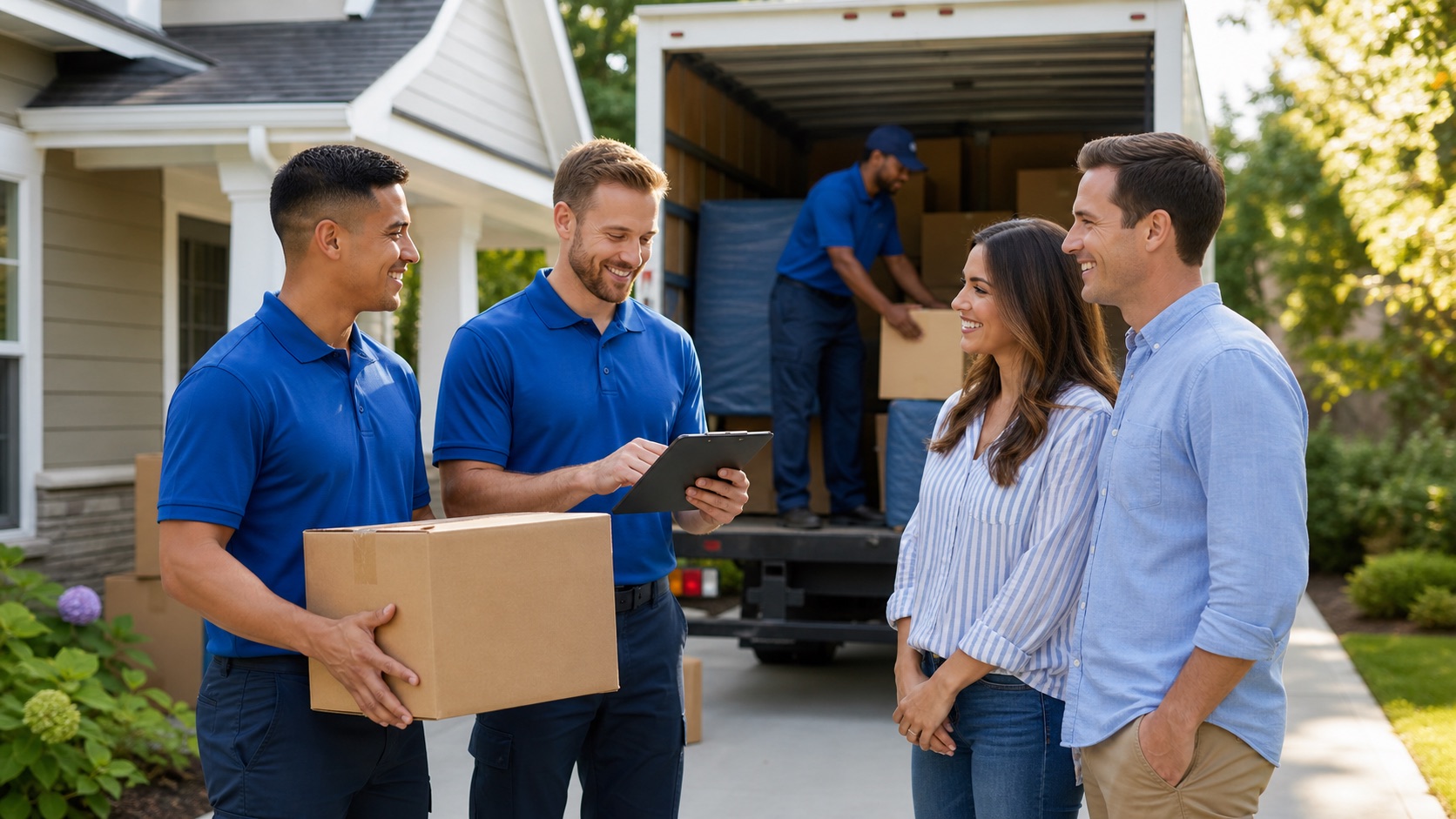 Happy local moving crew with customer